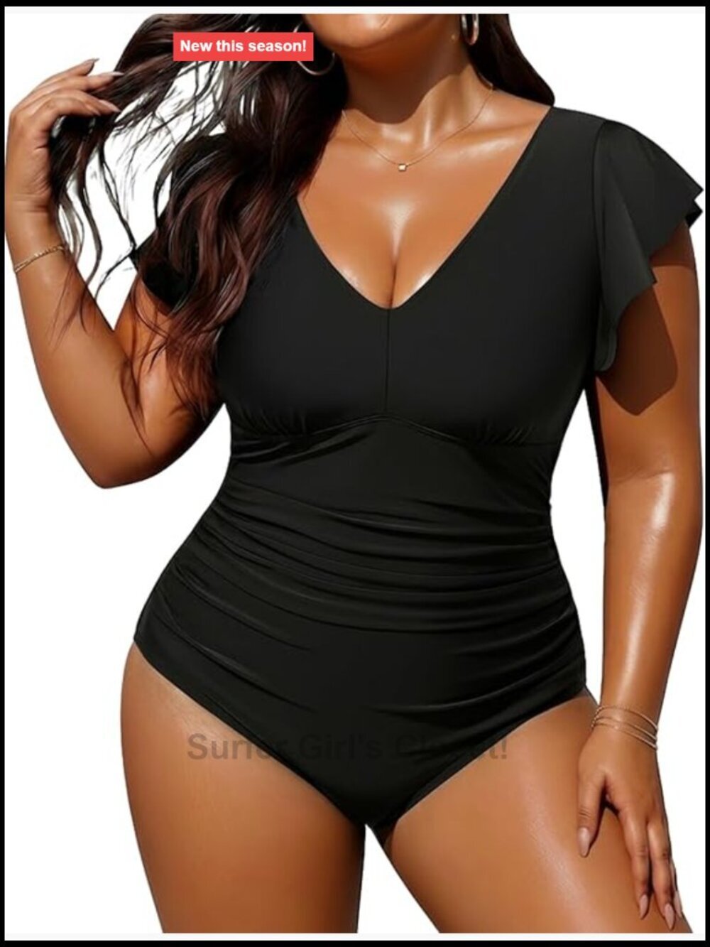 Plus Size Tummy Control One Piece Swimsuit with Ruffle Sleeves